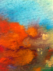 Obraz na płótnie Canvas Watercolor abstract bright colorful textural background handmade . Painting of sky and clouds during sunset . Modern seascape . Shine