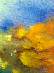 Obraz na płótnie Canvas Watercolor abstract bright colorful textural background handmade . Painting of sky and clouds during sunset . Modern seascape . Shine