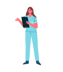 Young professional woman doctor isolated on white background. Medical specialist. Medical staff doctor nurse therapist surgeon professional hospital worker. Cartoon flat vector illustration.
