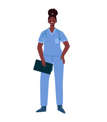 Young professional black woman doctor isolated on white background. Medical specialist. Medical staff doctor nurse therapist surgeon professional hospital worker. Cartoon flat vector illustration.