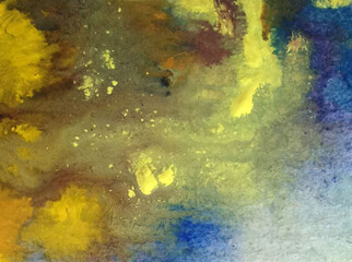 Watercolor abstract bright colorful textural background handmade . Painting of sky and clouds during sunset . Modern seascape . Shine
