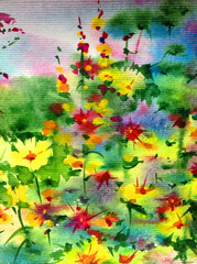 Naklejka na ściany i meble Abstract bright colored decorative background . Floral pattern handmade . Beautiful tender romantic summer meadow with flowers , made in the technique of watercolors from nature.