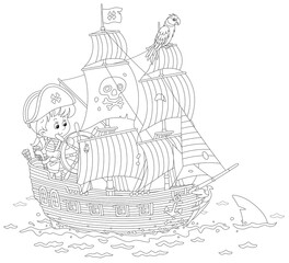 Little boy with a cocked sailor hat and a toy filibuster pistol playing a sea pirate with an old wooden ship steering helm and a funny parrot perched on a mast of a sailboat, black and white vector