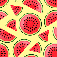 Seamless texture with pieces of watermelon on yellow background. Endless pattern. Vector illustration.