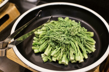Edible shoots of a fatsia in water. Boiled vegetables.