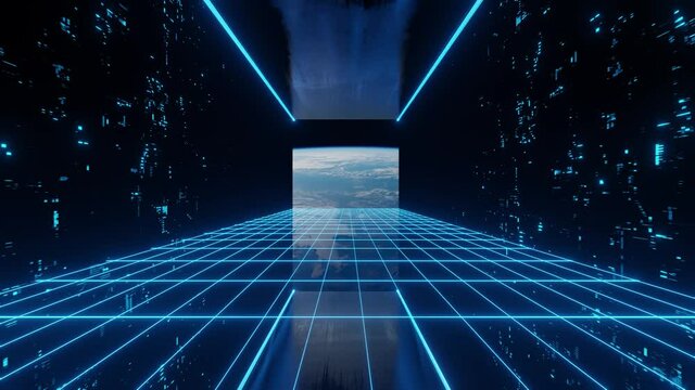 Huge illuminator of an unknown spaceship interior with scanner at an empty galaxy. 3D ISS animation in 4k.