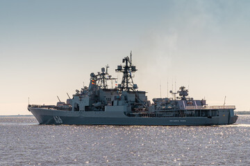 A large anti-submarine ship Vice Admiral Kulakov of project 1155 passes near Kronstadt during the rehearsal of the naval parade.17, 2020.