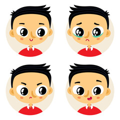 Cute vector set of four asian boy emotions and facial expressions