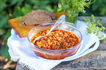 eggplant caviar vegetable salad appetizer snack second course food background top view copy space for text organic eating healthy keto or paleo diet