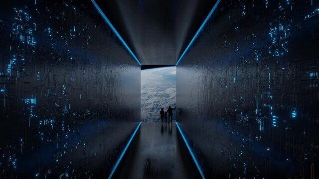 Huge illuminator of an unknown spaceship interior with astronauts at an empty galaxy. 3D ISS animation in 4k.	