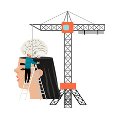 Conceptual illustration of the benefits of education with a huge head and a tower crane loading the brain into it