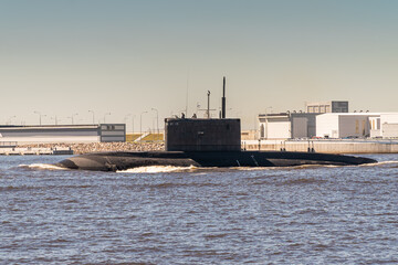 The diesel submarine project 877 Black hole passes near Kronstadt during the rehearsal of the naval...