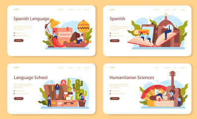 Spanish learning web banner or landing page set. Language school