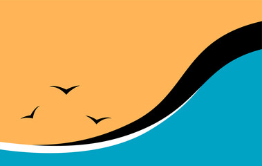 Sea waves and seagulls. Orange sky. Vector illustration banner with place for text.