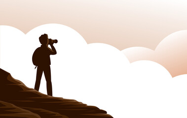 Man tourist with a camera in the mountains above the clouds. Traveling in beautiful nature. Vector illustration banner with place for text.