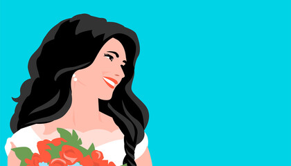 Beautiful bride with a bouquet of flowers. Hairstyle with black hair. The girl has a happy smile on her face. Vector illustration banner on a wedding theme.