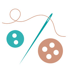 Needle with thread for sewing and buttons from clothes. Vector isolated illustration.