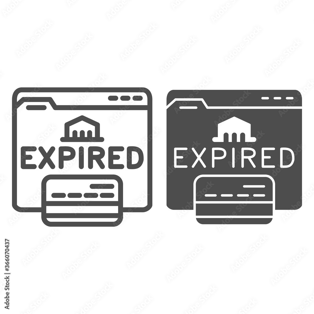 Poster expired card on website line and solid icon, payment problem concept, card declined sign on white ba