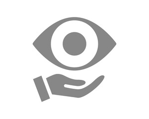 Human eye on hand grey icon. Healthcare, medical treatment, disease prevention symbol