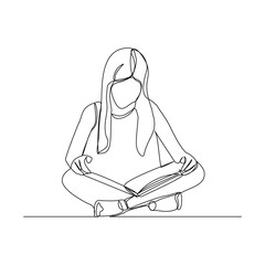 Continuous line drawing child cute little girl sitting and read a book. Single line concept of education. Vector illustration