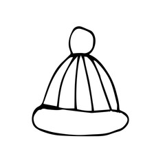 hat with pompom hand drawn in doodle style. vector, scandinavian, monochrome. single element for design sticker, card, winter clothes