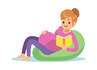 Pregnant woman reading. Pregnancy female on chair with book, waiting for child, leisure time during pregnancy concept, cartoon flat vector character