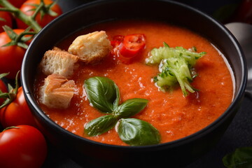 Andalusian gazpacho. Red tomato cold gazpacho soup in glass, with cucumber, onion, basil ,chili peppers and croutons.