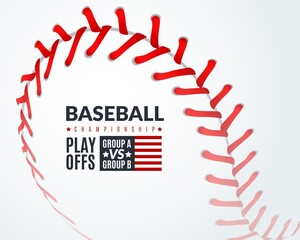 Baseball poster. Promotion flyer with softball ball with red lace stitches, professional sport club tournament, sports event announcement, championship invitation vector background