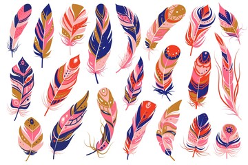 Tribal feathers. Decorative ethnic stylize feather ornamental indian aztec design, colored birds plume curved silhouettes, vector set