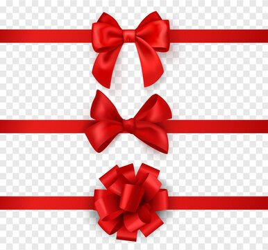 Gift bows with ribbons. Horizontal silk red ribbon with decorative bow, realistic festive satin tape for decor or holiday packaging 3d vector set
