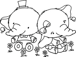 vector drawing cartoon elephants boy and girl