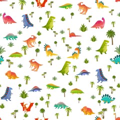 Baby dino seamless pattern. Animal dragon and cute nature dinosaur in jungle, childish bright texture for wallpaper, fabrics and wrapping paper, vector background isolated on white