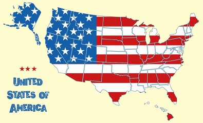 Map of the United States of America. Flag of USA throughout territory with borders of all states, stars and stripes on national territory, geography wallpaper vector background