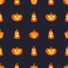 Pumpkins are scary face. Halloween abstract seamless pattern, orange pumpkin with scary head on black background, creative design textile, wrapping, wallpaper vector texture