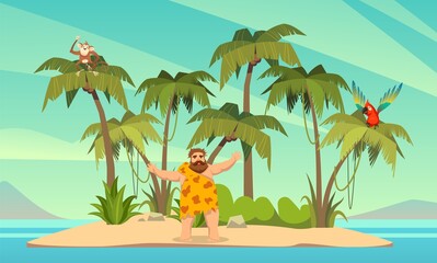 Robinson Crusoe. Man on desert island and palm trees with parrot and monkey, tropical paradise landscape, sandy beach flat cartoon vector illustration - obrazy, fototapety, plakaty