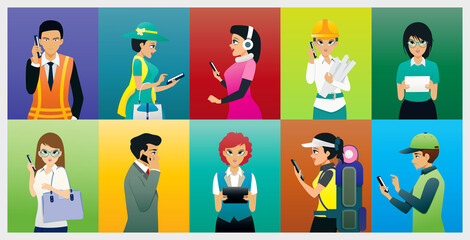 Male and female workers use the telephone to communicate.