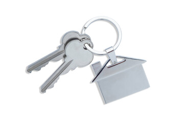 Silver keys house with house shaped metal keychain on white background.