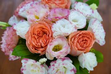 view top. bouquet of white and pink peony roses. 