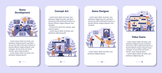 Game development mobile application banner set. Creative process