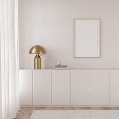 Interior in beige tones with a long chest of drawers, and a stylish lamp