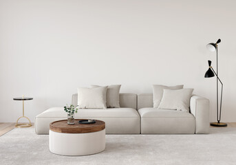 Living room in beige tones with a sofa, a floor lamp, a wooden table and a gold side table - obrazy, fototapety, plakaty
