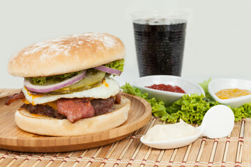 Tasty American Burger With Meat Egg And Bacon.