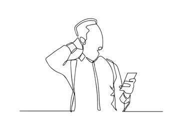 Continuous line drawing of full length standing man with backpack checking his phone. Lost tourist with back pack trying to find a way. one line drawing of a man with smartphone