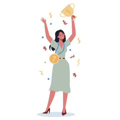 Succeed business woman. Winning in competition. Getting reward