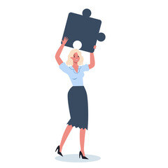 Teamwork concept. Business woman holding piece of the puzzle.