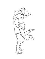 Continuous line drawing of couple standing hugging. One line art. Continuous line drawing. Template for your design works. Vector illustration. continuous line drawing of couple standing. Vector