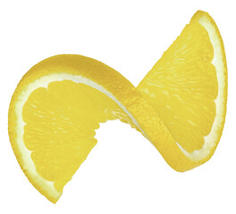 Fresh yellow lemon slice twist isolated on white background for package design including clipping...