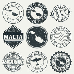 Malta Set of Stamps. Travel Stamp. Made In Product. Design Seals Old Style Insignia.