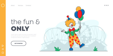 Clown in Amusement ParkLanding Page Template. Big Top Joker Character with Balloons. Jester Performer Circus Entertainer