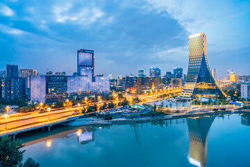 Night view of European central city buildings in Chengdu, Sichuan, China - obrazy, fototapety, plakaty